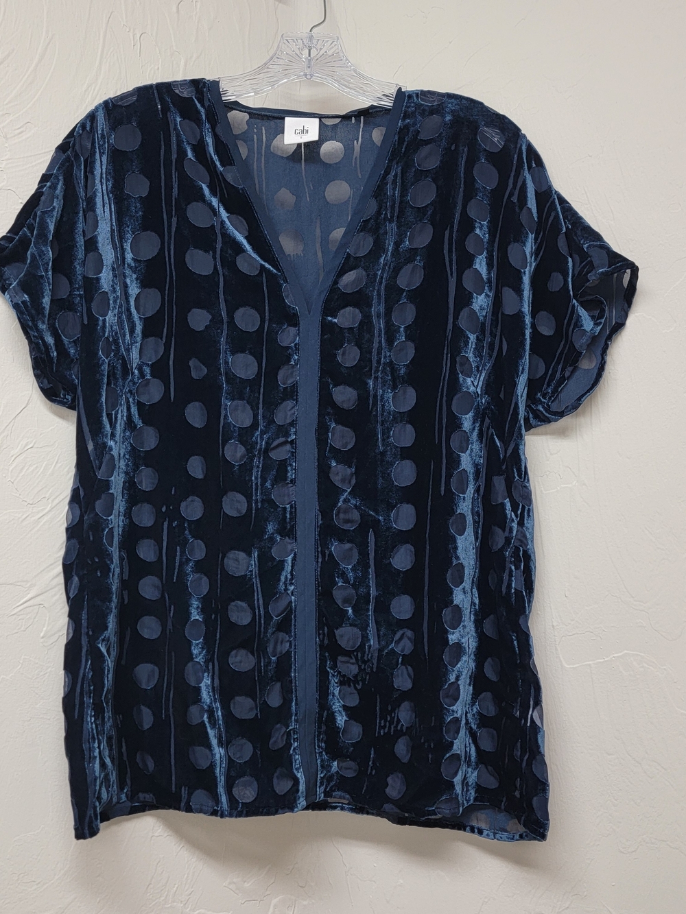 Cabi 3507 Blouse Navy Blue Burnout Velvet Polka Dot V-Neck Top Boho Boxy Goth S